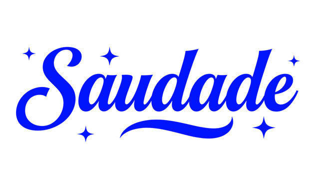 Blue Calligraphy Lettering Featuring the Portuguese Word Saudade Surrounded by Decorative Sparkle Elements for Artistic Design Projects