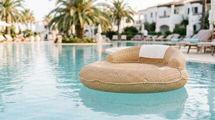 Obraz premium Luxurious Poolside Lounge with Inflatable Float and Tropical Setting.