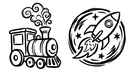 Hand-drawn cartoon train and rocket ship icons © kacang