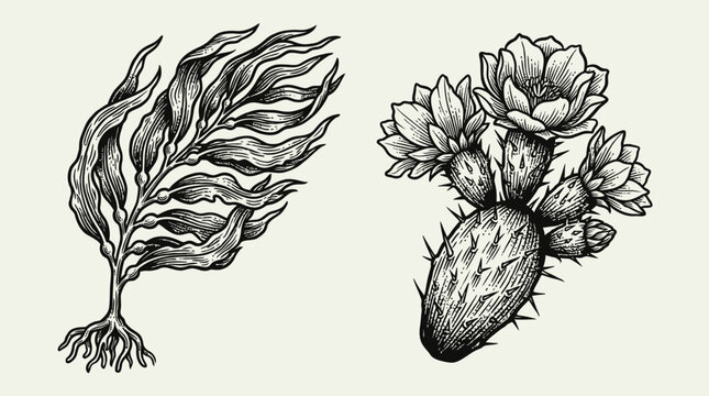 Kelp and Cactus Blossom Illustrations - Contrasting Nature Elements