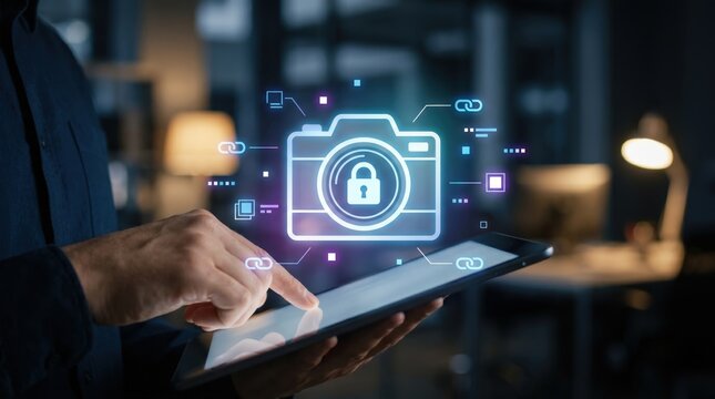 Digital Asset Protection and Photography Copyright Concept: Glowing Holographic Camera Lens with Embedded Security Lock and Metadata Chain Link Nodes above Blurred Tablet