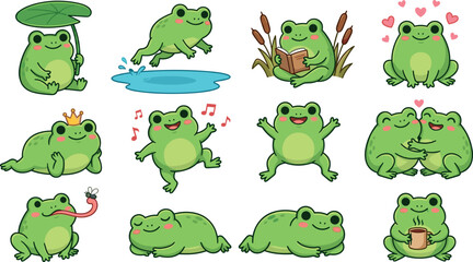 Obraz premium Cute Kawaii Green Frog Character Sticker Set with Various Poses and Emotions for Kids, Social Media, and Sticker Design Projects