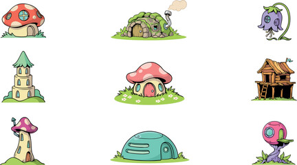 Fototapeta premium Cute Cartoon Fantasy Fairy Tale House Set with Mushroom, Stone, Wood, Tower, and Dome Homes for Game UI and Kids Design Projects