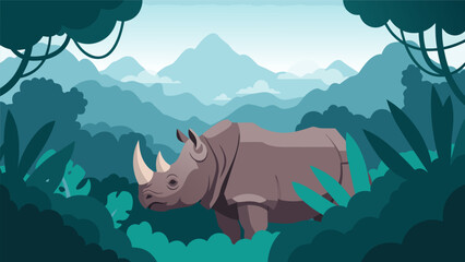A rhinoceros stands still in a dense jungle environment with mountains in the background. © Grogolan