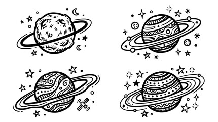 Hand-drawn Planets with Rings and Stars © Keong