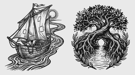 Obraz premium Vintage sailing ship and mangrove tree illustration