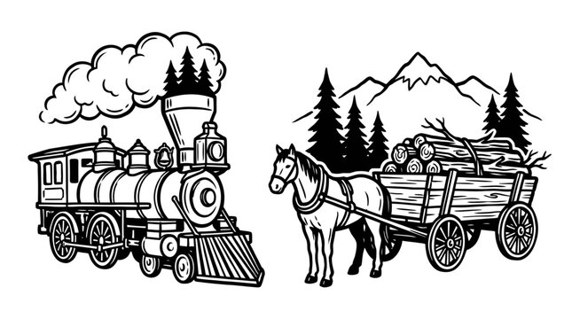 Vintage Train and Horse-Drawn Log Wagon in Mountain Landscape
