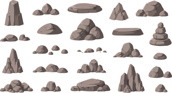 collection of cartoon rock formations and boulders on white background