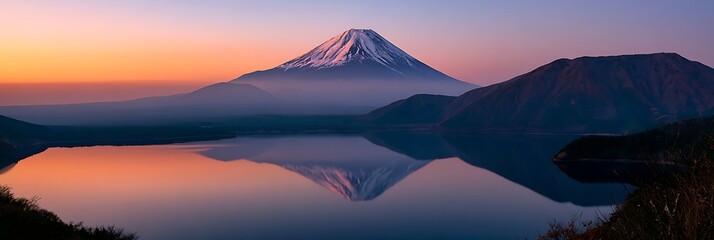 Fototapeta premium Mount Fuji Reflection at Dawn: The majestic peak of Mount Fuji, dusted with snow and shrouded in mist, is perfectly mirrored in the tranquil waters of a lake at sunrise.