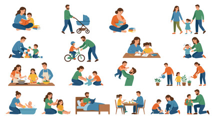 Fototapeta premium Flat Vector Illustration of Family Life Parenting Activities with Parents Children Engaged in Daily Routines