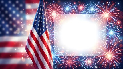 Patriotic fourth of july celebration with american flag and vibrant fireworks display blank space for text