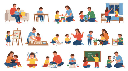 Fototapeta premium Diverse Family Activities: Learning, Playing, and Growing Together in Flat Style
