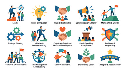 Fototapeta premium Flat Design Business and Leadership Icons: Corporate Skills, Management Traits, Personal Development Vector Set