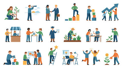 Fototapeta premium Flat Illustration Set of Business Growth, Education, Teamwork, and Personal Development Concepts with People