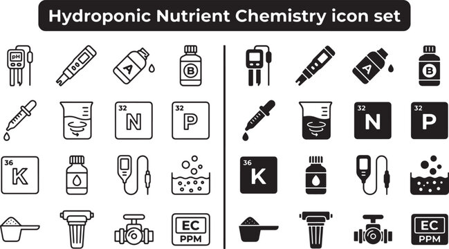 Hydroponic nutrient chemistry icon set featuring chemical elements, testing equipment, and fertilizer bottles in vector line style