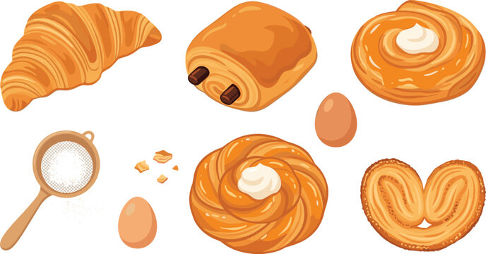 Pastry Vector Illustration Featuring Croissant, Pain au Chocolat, Danish, Palmier, Eggs, Sifter, Flour, and Crumbs
