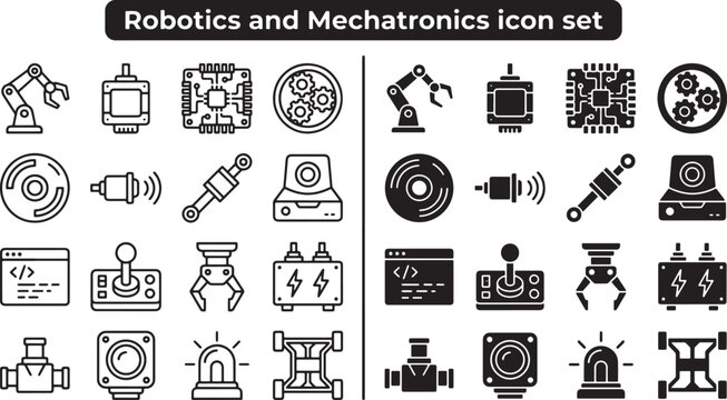 Robotics and mechatronics icon set featuring mechanical parts and electronic components in outline and solid vector styles
