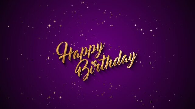 Happy Birthday golden cursive text on purple starry background