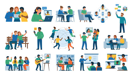 Fototapeta premium Diverse people using technology for online connection and learning - Flat vector