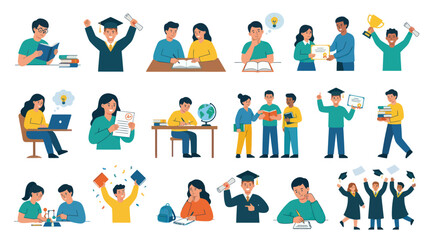 Fototapeta premium Education and Learning Flat Vector Illustration Set: Students Studying, Graduating, and Achieving Academic Success