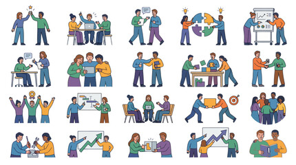 Fototapeta premium Business Teamwork Flat Vector Illustrations Set. Diverse People Collaborating, Communicating, and Achieving Success