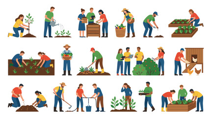 Fototapeta premium Flat Design Agriculture Gardening Activities Vector Set. Farmers and Gardeners Working in Nature