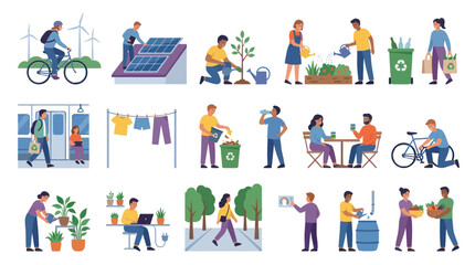 Fototapeta premium Green Living Sustainable Lifestyle Flat Vector Illustrations: Eco-Friendly Activities Environmental Protection