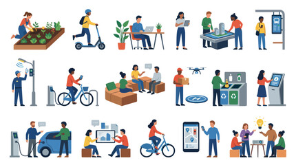Fototapeta premium Smart City Solutions and Urban Technology Concepts - Flat Vector Illustration Set for Modern Lifestyles and Sustainability