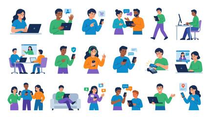 Fototapeta premium Flat illustration of diverse people using laptops, smartphones, and tablets for technology, communication, and online services.