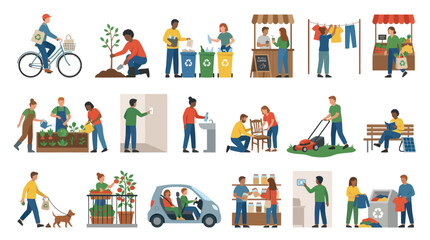 Fototapeta premium Sustainable Living Flat Illustration Set: Eco-Friendly People Activities, Community Service Healthy Lifestyle Vector