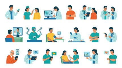 Fototapeta premium Digital Medical Healthcare Technology Flat Illustrations with Doctors, Patients, and Smart Devices