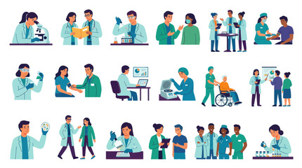 Fototapeta premium Medical Healthcare and Science Professionals Flat Vector Illustration Set - Doctors, Nurses, Scientists