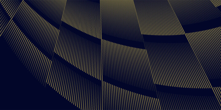 Navy blue abstract background with halftone golden lines delicate pattern. Small light spot box. Curve line, cosmic galaxy space. Festive BG for social media, birthday party invitation.