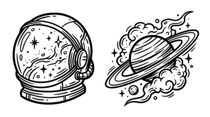 Astronaut Helmet and Saturn in Space Illustration © kiwil