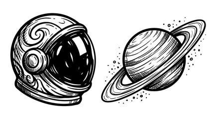 Astronaut helmet and planet Saturn, sketch style, space illustration © kiwil