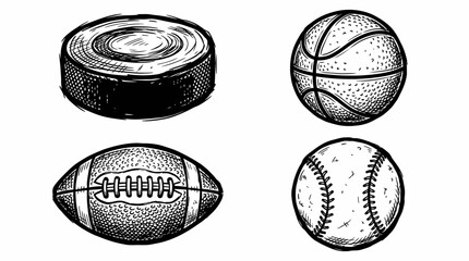 Obraz premium Hand-Drawn Sports Balls Collage: Puck, Basketball, Football, Baseball