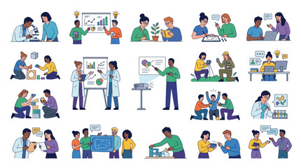 Fototapeta premium Diverse Group of People in Scientific Research and Education, Flat Illustration Style