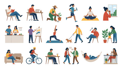 Fototapeta premium Flat Illustration of Diverse People Engaging in Daily Life Activities, Hobbies, and Wellness