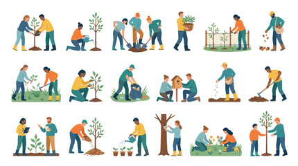 Fototapeta premium Diverse people planting trees and gardening, flat illustration style