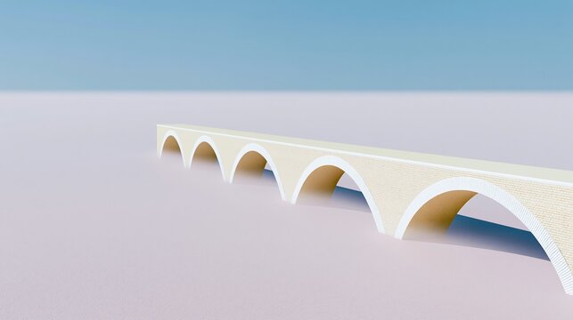Minimalist stone bridge with arched architecture spanning a misty landscape for serene background and metaphorical concept