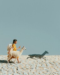 Fototapeta premium Quechua girl walking alongside a white llama on a stone path with a surreal silhouette shadow for heritage and education concepts