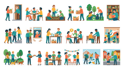 Fototapeta premium Diverse people helping others, community service, volunteering, flat vector art