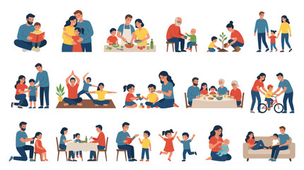 Fototapeta premium Flat Vector Illustration Set of Happy Family Life Moments, Parenthood, and Childhood Activities