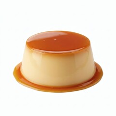 A creamy dessert with caramel sauce is shown close-up on a white background.