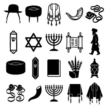 Judaism religious traditions and cultural ritual icons. Flat black outlines and solid silhouettes of professional star of david and hanukkah menorah elements isolated on white background.
