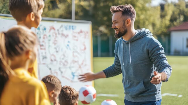 Coach Giving Tactical Instructions with Board During Youth Soccer Practice in Sunny Outdoor Field