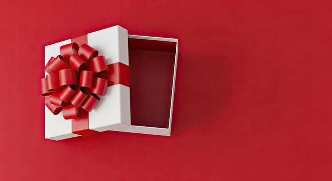 Open white gift box with red ribbon on red background