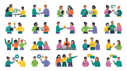 Fototapeta premium Business Teamwork, Collaboration Communication Flat Illustration Set: Diverse Professionals and Technology