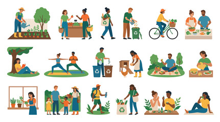 Fototapeta premium Sustainable Living Flat Vector Illustration Set. People engaged in healthy, eco-friendly lifestyle activities nature.