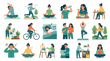 Fototapeta premium Flat Vector Illustration Set of Healthy Lifestyle Habits, Wellness Activities, and Self-Care Routines